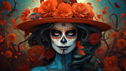 HD wallpaper featuring an artistic Day of the Dead sugar skull with a vibrant floral hat, set against a background of orange flowers.