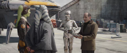 HD Wallpaper featuring Ahsoka with droid and character in a Star Wars-themed setting for desktop backgrounds.