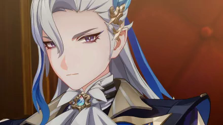 HD desktop wallpaper of Neuvillette from Genshin Impact, showcasing the character’s detailed design with a focused expression and regal attire.