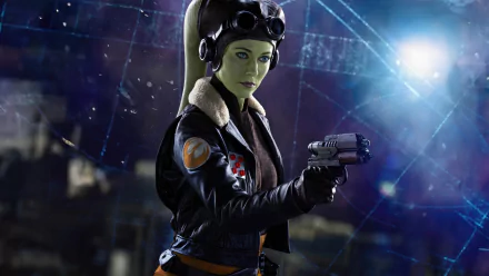 Hera Syndulla from the TV show Ahsoka (2023) featured in a detailed 4K Ultra HD PC desktop wallpaper with a futuristic cityscape background.