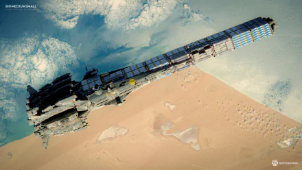 HD desktop wallpaper depicting a sci-fi freighter cargo spaceship flying above a desert planet, with detailed ship design and atmospheric clouds.