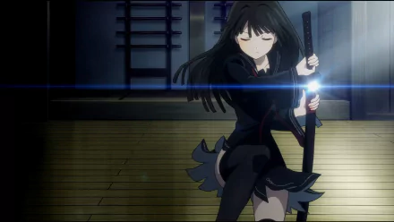 HD PC desktop wallpaper featuring an anime character from Black Bullet holding a weapon, set against a dimly lit, wooden floor background with a blue light flare.