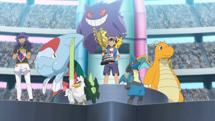An HD desktop wallpaper from Pokémon Ultimate Journeys: The Series, featuring Ash and his Pokémon celebrating a victory at a championship event.