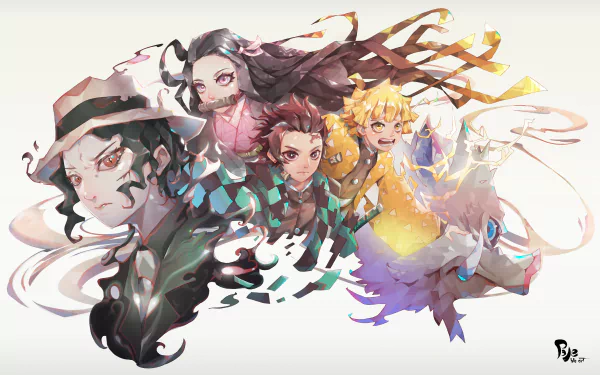 4K Ultra HD anime wallpaper featuring Inosuke Hashibira, Zenitsu Agatsuma, Tanjiro Kamado, Nezuko Kamado, and Muzan Kibutsuji from Demon Slayer: Kimetsu no Yaiba.