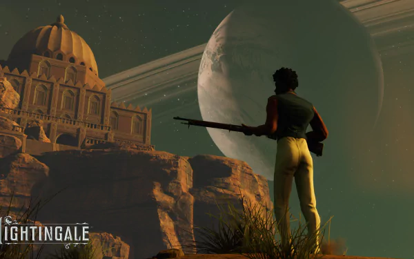 HD wallpaper featuring a character overlooking a landscape with a palace and giant planets, titled Nightingale.