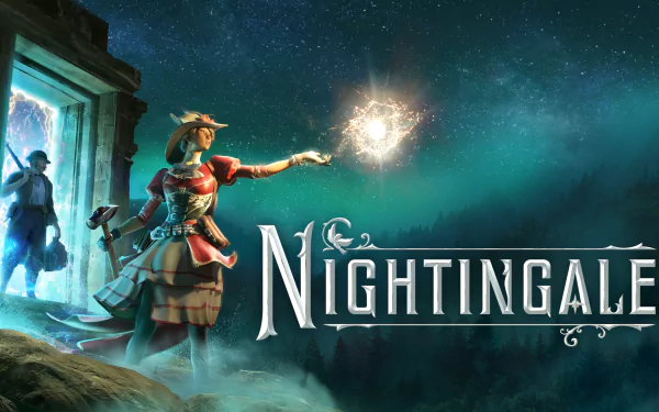 HD desktop wallpaper featuring a fantasy-themed illustration from 'Nightingale', depicting characters in a mystical forest environment with one character holding a glowing orb.
