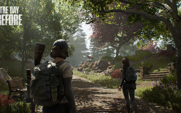 HD wallpaper featuring two characters with backpacks exploring a lush, wooded landscape in 'The Day Before' game.