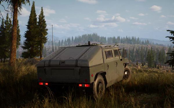 HD desktop wallpaper featuring an armored vehicle from 'The Day Before' game in a serene forest setting.