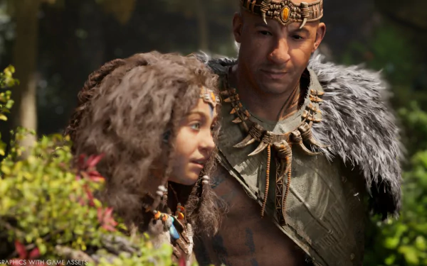 A captivating HD wallpaper from Ark 2 featuring two characters, one with curly hair and the other adorned with tribal accessories, surrounded by lush greenery.