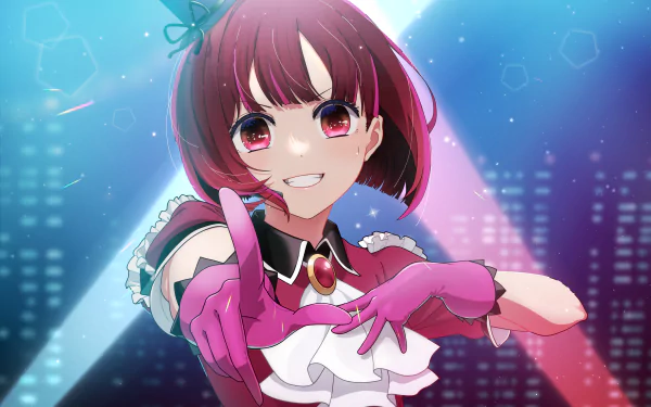 HD desktop wallpaper of Kana Arima from the anime Oshi no Ko, featuring her in a dynamic pose with vibrant colors and a futuristic background.