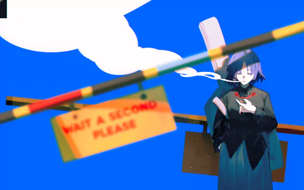 4K Ultra HD desktop wallpaper featuring Ryou Yamada from the anime Bocchi the Rock! against a vibrant blue background with a sign reading WAIT A SECOND PLEASE.