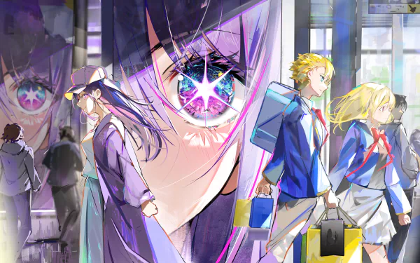 HD background wallpaper featuring Ruby Hoshino, Aquamarine Hoshino, and Ai Hoshino from the anime Oshi no Ko. The characters are vividly depicted in a bustling urban setting.