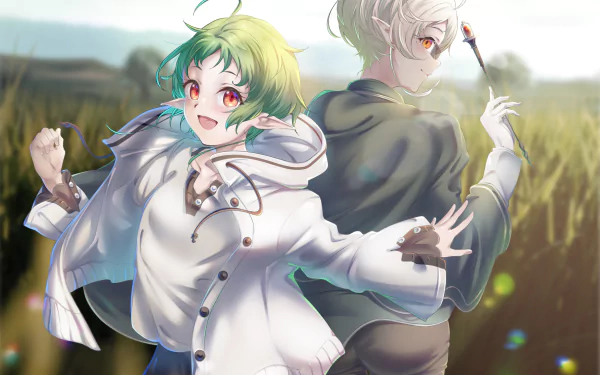 HD anime desktop wallpaper featuring Sylphiette and Rudeus from Mushoku Tensei: Jobless Reincarnation in a serene outdoor setting.