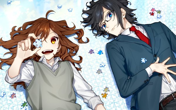 HD desktop wallpaper featuring Hori Kyouko and Izumi Miyamura from Horimiya: The Missing Pieces, with playful poses and a vibrant puzzle piece background.