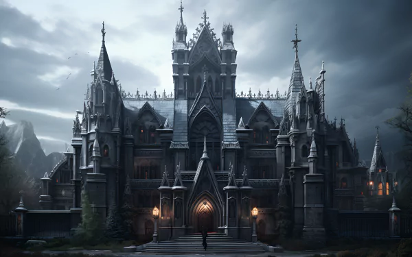 HD desktop wallpaper featuring a dark, gothic castle at night, with intricate architecture and a foreboding atmosphere under a cloudy sky.