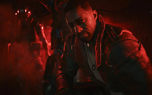 HD wallpaper of Solomon Reed from Cyberpunk 2077: Phantom Liberty, featuring a moody, red-lit scene with a futuristic character in a leather jacket.