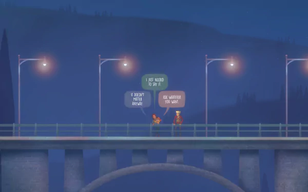 Oxenfree II: Lost Signals HD wallpaper featuring two characters on a bridge with dialogue options above their heads, set against a mystical night backdrop.