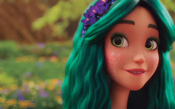 HD Wallpaper of the animated character Mavka from 'Mavka: The Forest Song' with a vivid forest background for desktop.