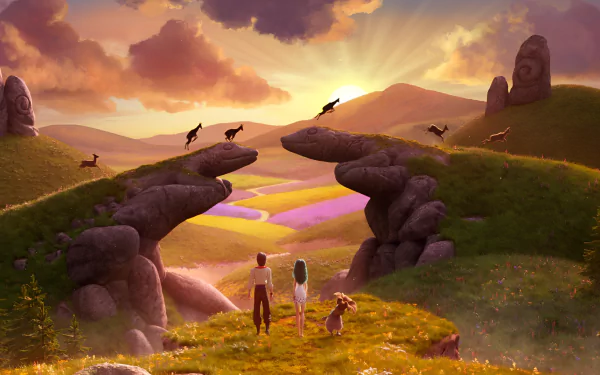 HD wallpaper featuring a serene scene from 'Mavka: The Forest Song' with mystical stone formations and characters basking in the golden sunlight amidst a colorful valley.