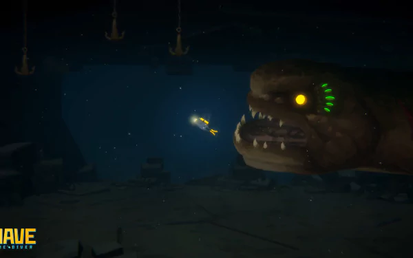HD desktop wallpaper featuring a scene from Dave the Diver game with a diver facing a large, menacing deep-sea creature in an underwater environment.