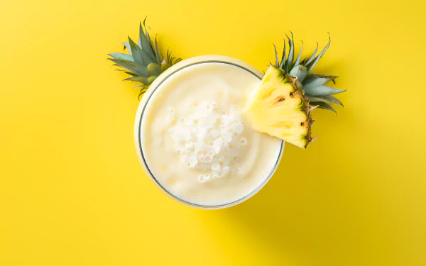 HD desktop wallpaper featuring a creamy Piña Colada garnished with pineapple slices on a vibrant yellow background.