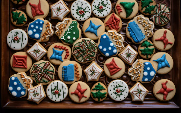 A colorful assortment of beautifully decorated sugar cookies, featuring festive designs and intricate icing patterns, makes an inviting and appetizing HD desktop wallpaper.
