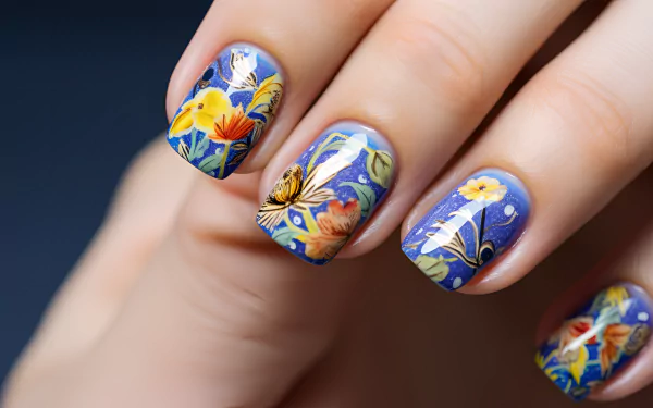 Close-up of a woman's hand showcasing vibrant summer nails adorned with floral patterns on a blue background, serving as an HD desktop wallpaper.