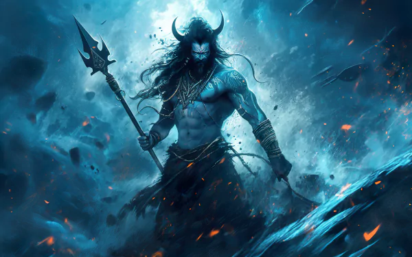 HD desktop wallpaper depicting a dynamic artistic representation of the Hindu deity Shiva, portrayed as Mahadev in a powerful stance with a trident, amidst a mystical blue storm.