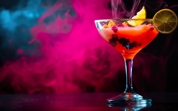 A vibrant HD desktop wallpaper featuring a colorful Daiquiri cocktail with fruits, set against a smoky, neon pink background.