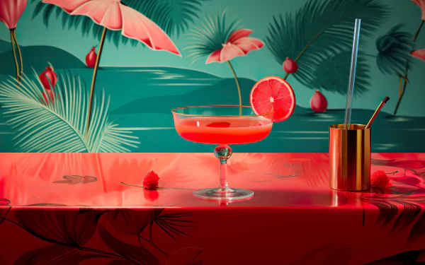HD desktop wallpaper featuring a vibrant Daiquiri cocktail with a slice of lime, surrounded by lush tropical foliage, on a glossy red surface.