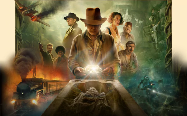 8K Ultra HD desktop wallpaper featuring Indiana Jones and the Dial of Destiny, showcasing iconic characters and adventurous scenes from the movie.