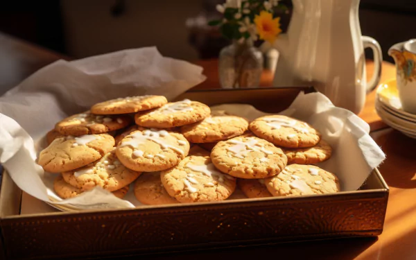 A beautifully lit tray of sugar cookies, featuring a golden-brown color and a light dusting of sugar, set against a warm, inviting background with flowers and kitchenware.