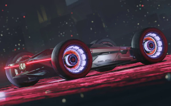 HD desktop wallpaper featuring a futuristic sci-fi vehicle with glowing wheels in a neon-lit urban environment.