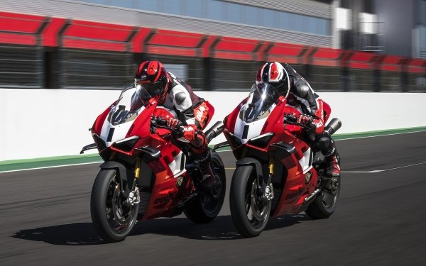 Two Ducati Panigale V4 motorcycles racing side by side on a track, suitable as a high-definition desktop wallpaper.