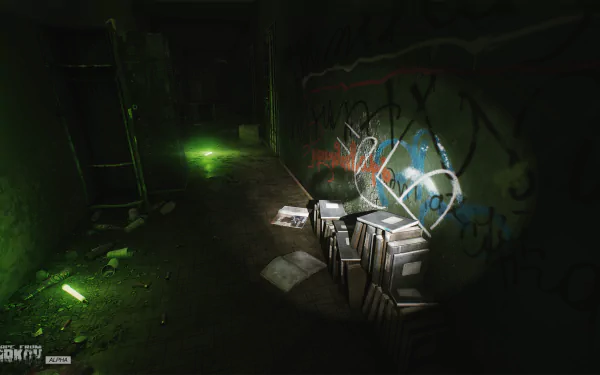 HD desktop wallpaper from the video game Escape from Tarkov, featuring a dark, graffiti-covered hallway illuminated by green lights.