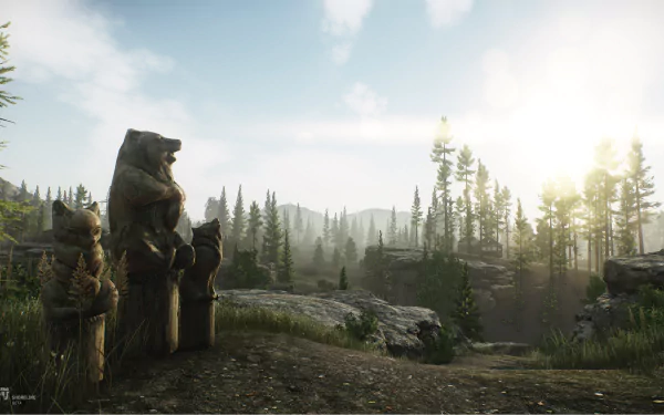 HD desktop wallpaper of Escape from Tarkov featuring armed characters in a serene wooded landscape with sunlight filtering through trees.