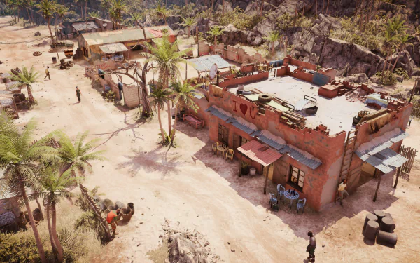 HD desktop wallpaper featuring a detailed scene from Jagged Alliance 3 showcasing a bustling, sunlit mercenary base in a rugged village setting.