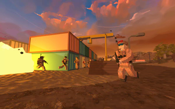 HD desktop wallpaper of BattleBit Remastered showing soldiers in combat near colorful shipping containers at sunset.