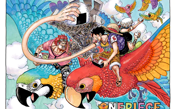 HD wallpaper featuring the Monster Trio from One Piece: Trafalgar Law, Monkey D. Luffy, and Eustass Kid, illustrated amidst vibrant and mythical birds.