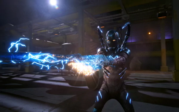 A dynamic HD wallpaper featuring Jaime Reyes as Blue Beetle from DC Comics, showcasing the character unleashing electric energy in a dramatic scene.