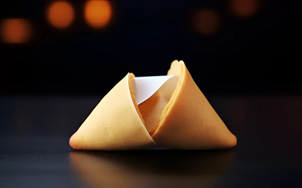 HD desktop wallpaper of a fortune cookie with a message peeking out, set against a softly blurred background with warm lighting.