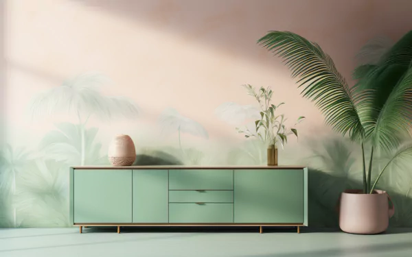 Artistic HD desktop wallpaper featuring a green aesthetic room with a stylish cabinet, decorative plants, and a calm, pastel backdrop.