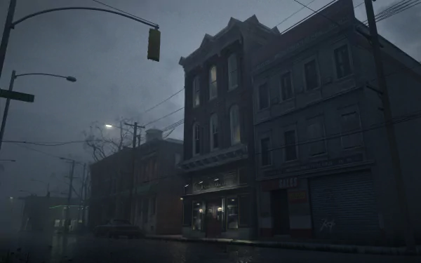 HD desktop wallpaper featuring a misty scene from Silent Hill: Ascension with eerie, deserted streets and dimly lit buildings, creating an atmosphere of suspense and mystery.