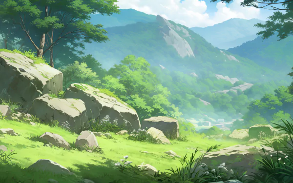 HD desktop wallpaper featuring an anime-style green aesthetic landscape with verdant mountains, lush trees, and sunlit scenery.