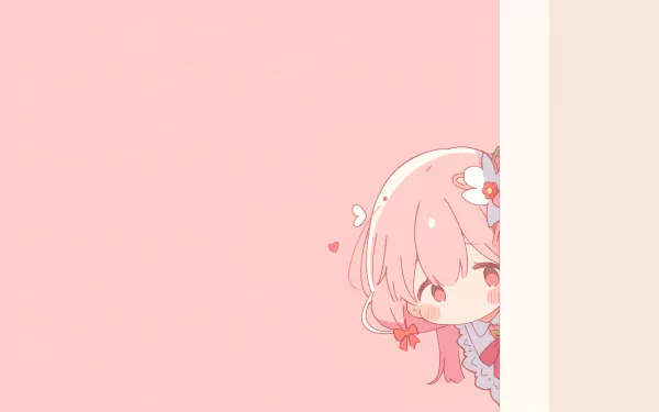 HD desktop wallpaper featuring a cute, kawaii-style artistic illustration of a character with pink hair peeking from the side on a soft pink background.
