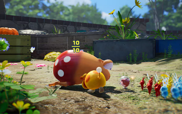 HD desktop wallpaper from Pikmin 4 featuring a scene with a large red Pikmin and smaller blue, red, and yellow Pikmin in a vibrant garden setting.