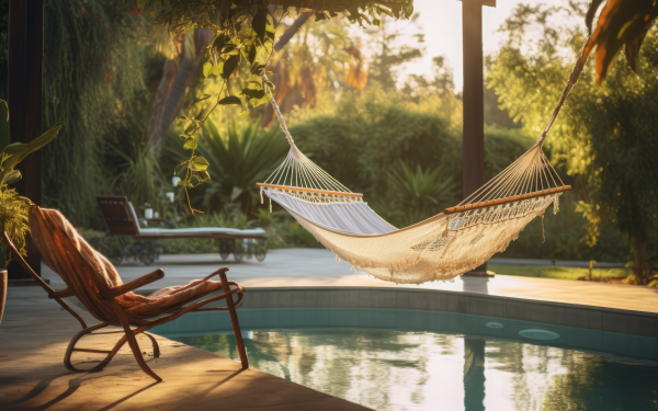 Relaxing hammock by the poolside in a tropical garden setting at sunset, perfect as an HD desktop wallpaper featuring AI-generated art.