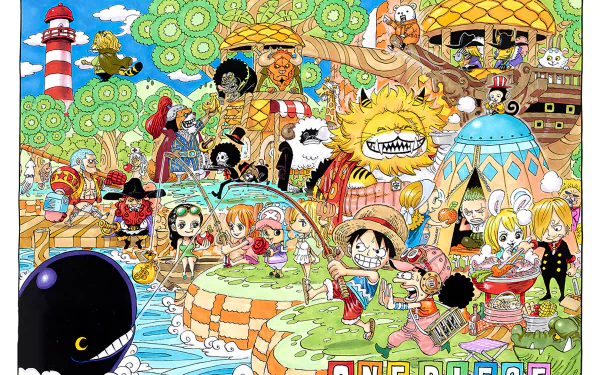 HD desktop wallpaper featuring colorful One Piece characters Nami, Carrot, Nekomamushi, Inuarashi, and Pedro in a whimsical, detailed anime setting.