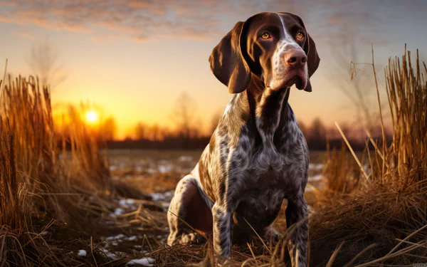 HD desktop wallpaper featuring a German Shorthaired Pointer in a field at sunset, capturing the warm glow of the sun and the detailed texture of the dog's coat.