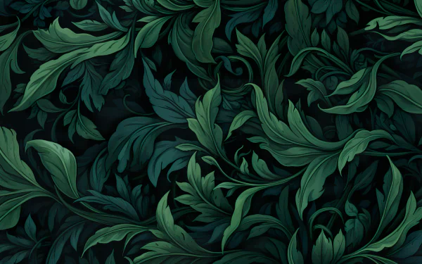 HD desktop wallpaper featuring a rich, dark green botanical pattern with intricately detailed leaves, creating a lush, nature-inspired aesthetic.